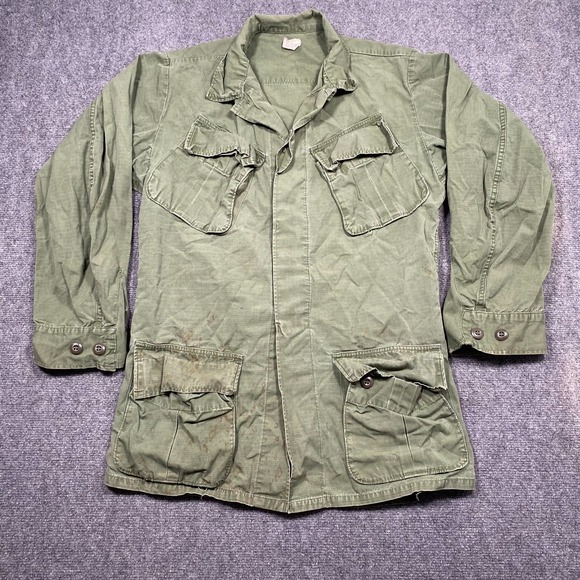 60s Vintage OG 107 Rip Stop Poplin Slant Pocket‎ Coat Sz Small Long Vietnam War